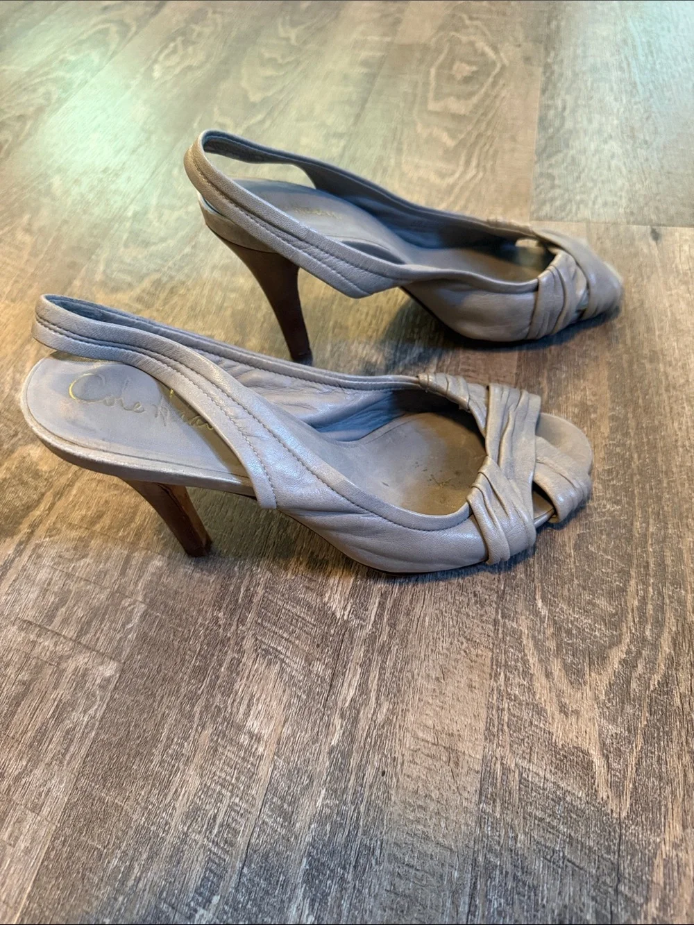 Cole Haan Taupe Leather Knot-Front Slingback Heels